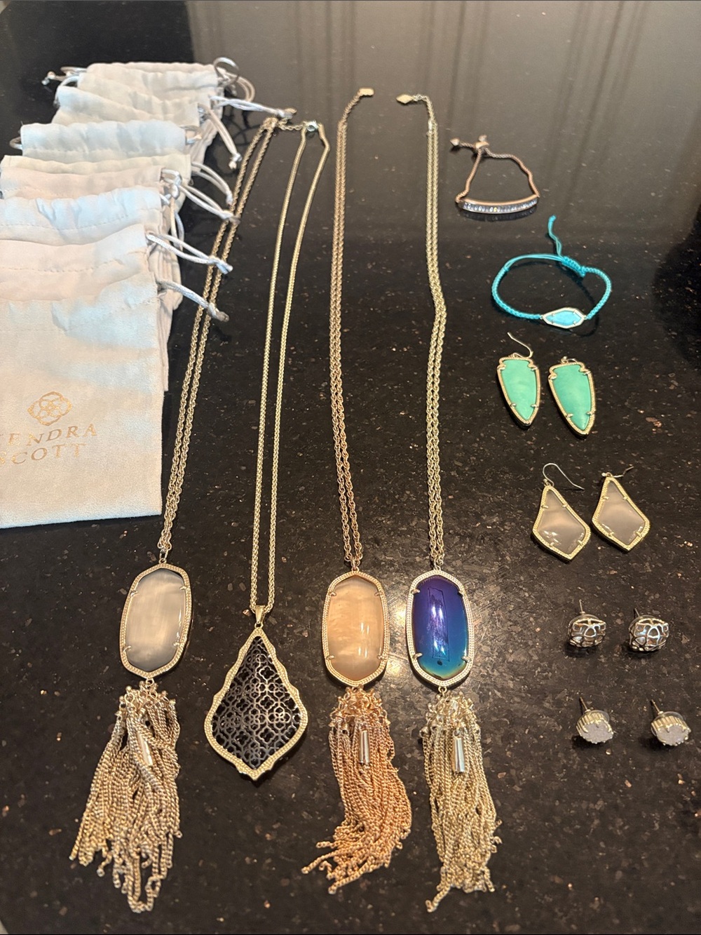 Kendra Scott Gold Tassel Necklaces with Blue, Green & Neutral Stones